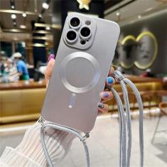 Imagem de Capa magnética com alça crossbody, cordão para iphone 15 14 13 11 12 pro max plus xs x xr, capa traseira macia de silicone, prateada, para iphone 15 pro