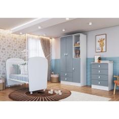 Imagem de Quarto de Bebê Completo com 1 Berço 1 Cômoda 1 Guarda Roupa Arco-Íris Móveis Percasa Branco/Azul