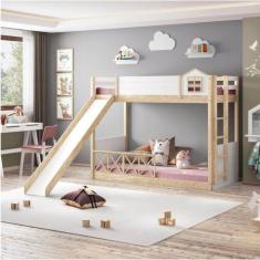 Imagem de Beliche Montessoriana Garden com Escorrega e Grade X Dupla Casatema Marroml/Branco