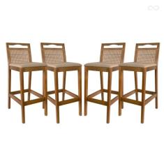 Imagem de Kit 4 Banquetas de Madeira para Bancada Alta Valência Rattan Amêndoa Linho Bege CCS
