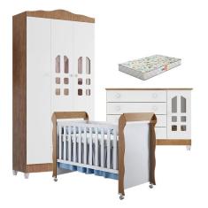 Imagem de Quarto de Bebê New Selena 3 Portas com Cômoda Gran Selena e Berço Mirelle Branco Acetinado Amadeirado e Colchão Gazin – Carolina Móveis