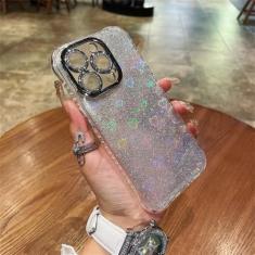 Imagem de Capa para iPhone 15Pro Max Glitter Gradiente Laser Amor Coração Padrão Transparente Capa Clara com Filme de Lente, Prata, Para iPhone 15Pro Max