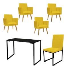 Imagem de Kit Escritório Stan 4 Poltronas Rodapé com Cadeira e Mesa Industrial Tampo Preto Tecido Sintético Amarelo - Ahz Móveis