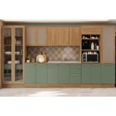 Imagem de Cozinha Modulada Completa Botanic 8 Peças (2Aéreos+2Balcões+3Paneleiros+1Complemento) s/Pia C8P34 Nogueira/Verde Oliva - Kappesberg