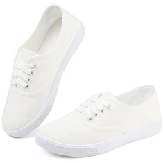 Imagem de Tênis feminino de lona branco leve com cadarço moderno confortável sapatos de lona cano baixo sem cadarço casual tênis caminhada calçados femininos, Cadarço branco, 35