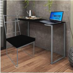 Imagem de Kit Escritório Stark Cadeira e Mesa Industrial Ferro Prata Tampo MDF Freijó Corino Preto - Ahz Móveis