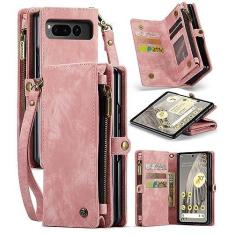 Imagem de Capa tipo carteira compatível com Google Pixel Fold, 2 em 1, bolsa magnética destacável de couro premium com zíper magnético, capa flip para celular, couro macio fosco + capa inferior de TPU com