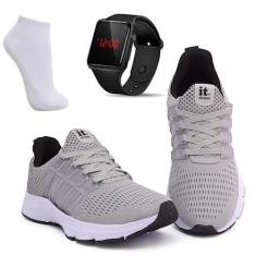 Imagem de Kit Tenis Feminino Academia + Relógio Digital Led + Meia (Cinza/Branco, BR, Adulto, Numérico, 37)