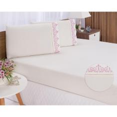 Imagem de Jogo lençol quarto casal king bordado 3 peças Palha com Rose