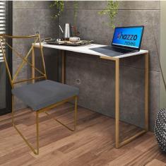 Imagem de Kit Escritório Clark Cadeira e Mesa Industrial Ferro Dourado Tampo MDF Branco Suede Cinza - Ahz Móveis