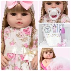 Imagem de Boneca Reborn Barata Loira 100% Vinil Siliconado Acessórios - Cegonha