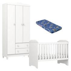 Imagem de Berço Americano Mini Cama E Guarda Roupa Mel Flat Branco Brilho Com Colchão Ortobom - Carolina