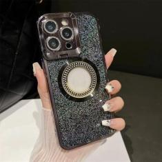 Imagem de Capa de luxo com diamantes e estrelas brilhantes para iPhone 11 12 14 15 Pro Max, capa dobrável para suporte de lente de câmera do iPhone 13 Pro Max, preta