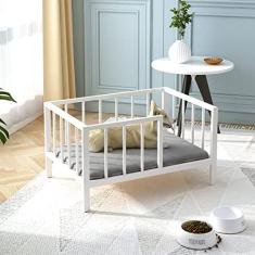 Imagem de OSCHF Cama de cachorro com trilhos – Estrutura de cama de metal elevado para animais de estimação com placa de madeira maciça e tapete macio lavável para cães pequenos uso interno ou externo, 54 cm x