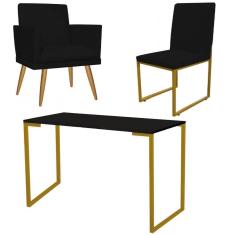 Imagem de Kit Escritório Stan Poltrona Rodapé com Cadeira e Mesa Industrial Preto Dourado Suede Preto - Ahz Móveis