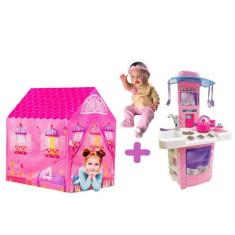 Imagem de Kit Brinquedo Infantil Boneca Bebê + Minha Casinha E Cozinha - Dm Toys