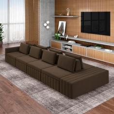 Imagem de Sofá Ilha com Encosto e Almofadas Móveis Olimpo 465cm Modulado Veludo Marrom G45 - Gran Belo