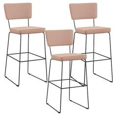 Imagem de Kit 3 Banquetas Alta Para Cozinha Sala De Jantar Base em Aço Fixa Allana L02 Linho Rosê - Lyam Decor