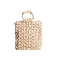 Imagem de FARZI Bolsa de mão tecida com contas de madeira estilo retrô europeu e americano bolsa interna livre bolsa oca estilo étnico