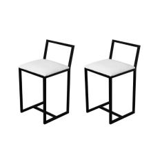 Imagem de Jogo 2 Banqueta Baixa Para Cozinha Preta Industrial Estofado Branco