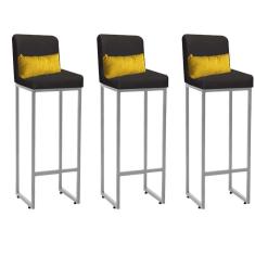 Imagem de Kit 03 Banqueta Alta com Encosto Lucca Industrial Cozinha Balcão Ferro Cinza Suede Cinza e Almofada Amarelo - Ahazzo Móveis