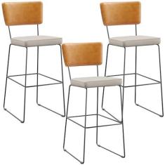 Imagem de Kit 03 Banqueta Alta Cozinha Sala De Jantar Fixa Allana L02 Couríssimo Whisky Linho Cru - Lyam Decor