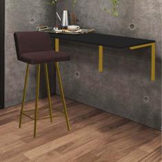 Imagem de Kit Mesa Suspensa de Parede Fixa MDF Preto + 1 Banqueta Lexi Ferro Dourado Corino Marrom - Ahazzo Móveis