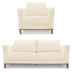 Imagem de Kit Poltrona e Sofá Living 2 Lugares 1,70m Vega Linho Pés Castanho - P