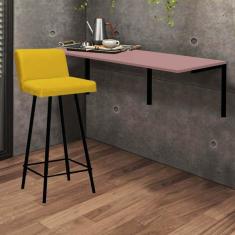 Imagem de Kit Mesa Suspensa de Parede Fixa MDF Rosa + 1 Banqueta Lexi Ferro Preto Sintético Amarelo - Ahazzo Móveis