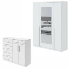 Imagem de Conjunto de Guarda-roupa Alonzo 4 portas com espelho e Cômoda Toronto Branco