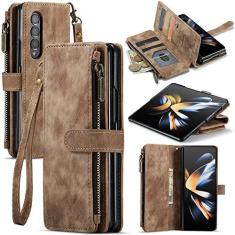 Imagem de Capa Carteira Samsung Galaxy Z Fold 3/4, Carteira Magnética de Couro PU Durável Flip Alça Pulseira com Zíper Porta Cartão, marrom, Para Galaxy Z Fold 3