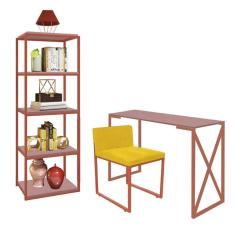Imagem de Kit Escritório Bex 1 Cadeira Suede Amarelo com 1 Mesa e 1 Livreiro Ferro Bronze MDF Rose Rosa - Ahazzo Móveis