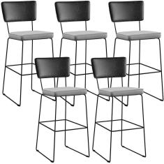 Imagem de Kit 05 Banquetas Altas Preto Linho Cinza