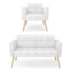 Imagem de Kit 1 Sofá Namoradeira E 1 Poltrona Elisa Corano Pés Palito Natural - D`rossi Cor Branco