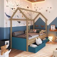 Imagem de Cama Infantil Montessori Tipo Cabana Com 2 Gavetas Azul - Completa Móv