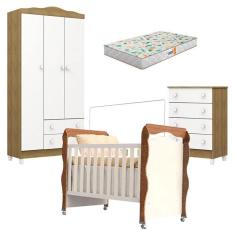 Imagem de Quarto De Bebê Mel Flat E Berço Americano New Nanda Branco Acetinado Amadeirado Com Colchão Gazin