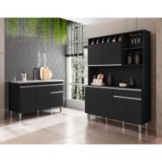 Imagem de Balcão Gabinete Analu 3 Portas + Kit Elisa 130cm Compacta c/ Nichos Preto - Bela Móveis