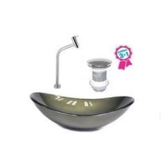 Imagem de Cuba De Vidro Oval 47Cm Ouro Envelhecido + Válvula Click + Torneira De Metal