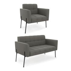 Imagem de Sofá Namoradeira E Poltrona Pé De Ferro Preto Para Sala Elisa Suede D03 - D'rossi Cor Grafite