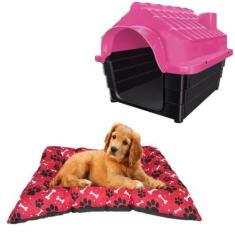 Imagem de Casa Cachorro Gato N4 Porte Grande Rosa + Cama Pet Caminha - Mecpet