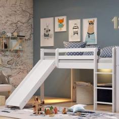 Imagem de Cama Alta Kids com Escorregador em Madeira Maciça/mdf Branco