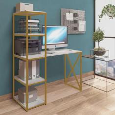 Imagem de Mesa Escrivaninha Max BeX Escritório com 5 Prateleiras Estante de Livros Ferro Dourado Tampo Branco - Ahz Móveis