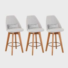 Imagem de Kit 03 Banquetas Alta Maya Giratória Com Encosto Gourmet Linho Bege e Almofada Suede Branco - Aurora Line