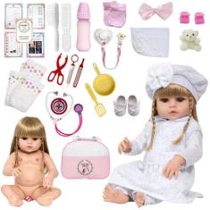 Imagem de Boneca Reborn Loira Vestido Branco Fofa Com Acessórios Luxo - Cegonha