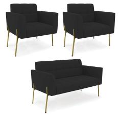 Imagem de Sofá Namoradeira E 2 Poltronas Pé De Ferro Dourado Elisa Veludo Preto D03 - D'rossi