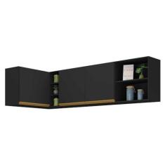Imagem de Kit Armário de Cozinha Aéreo Canto 90cm e Aéreo 150cm Veneza Multimóveis Mp2149 Preto/dourado