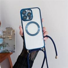 Imagem de Capas de carregamento magnético sem fio transparentes revestidas para iPhone 15 14 11 12 13 Pro Max Crossbody Lanyard Colar Capa, Azul Marinho, Para iPhone 14 Pro