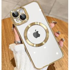 Imagem de KELUOAS Capa magnética Matálico brilhante transparente para iPhone 15 com proteção total da câmera [ímãs N52 fortes nº 1] [proteção contra quedas de grau militar] para mulheres e meninas Magsafe capa