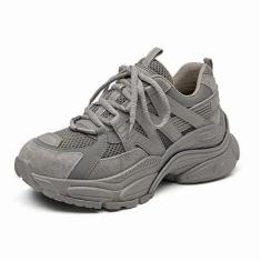 Imagem de BEAU TODAY Tênis feminino com plataforma grossa, de couro de camurça, grosso, confortável, moderno, casual, antiderrapante, cadarço, caminhada, corrida, tênis, Cinza, 34