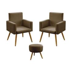 Imagem de Kit 2 Poltronas Decorativas Estofadas Nina Com Puff Solar Para Sala de Estar Sued Capuccino Aradecor